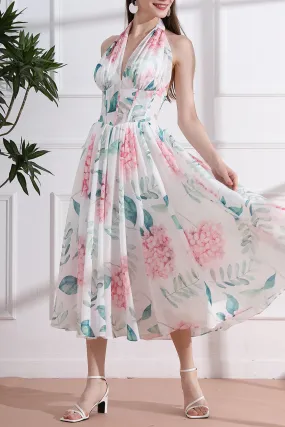 Halter V Neck Floral Chiffon Midi Dress