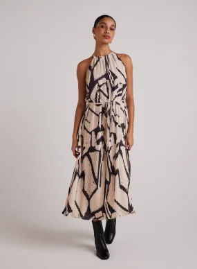 Knife Pleat Halter Maxi Dress - Ivory Mosaic Print