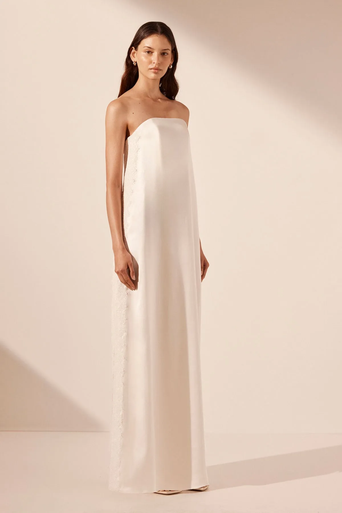 Cumulus Silk Strapless Ivory Maxi Dress with Lace Detail by La Lune