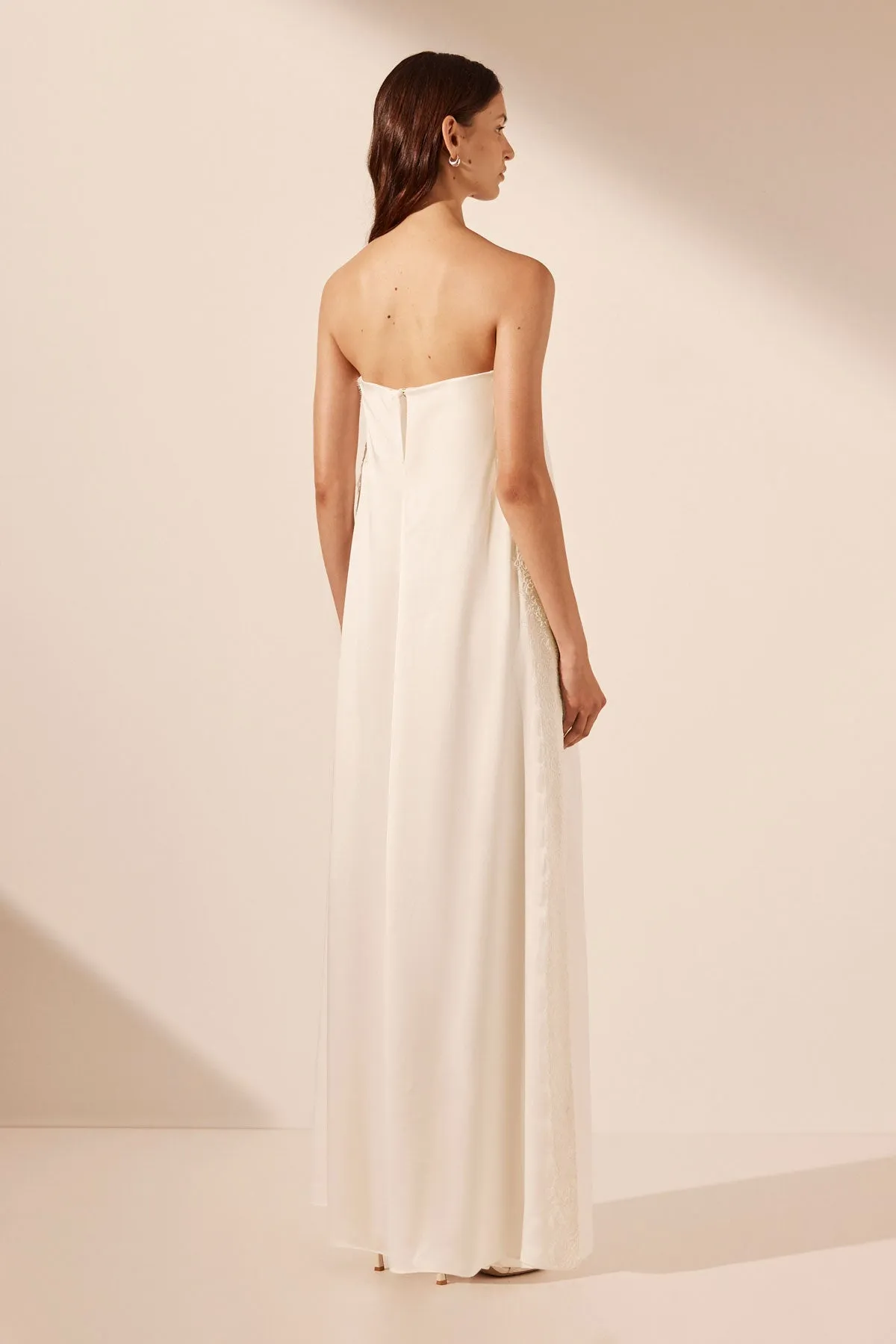 Cumulus Silk Strapless Ivory Maxi Dress with Lace Detail by La Lune