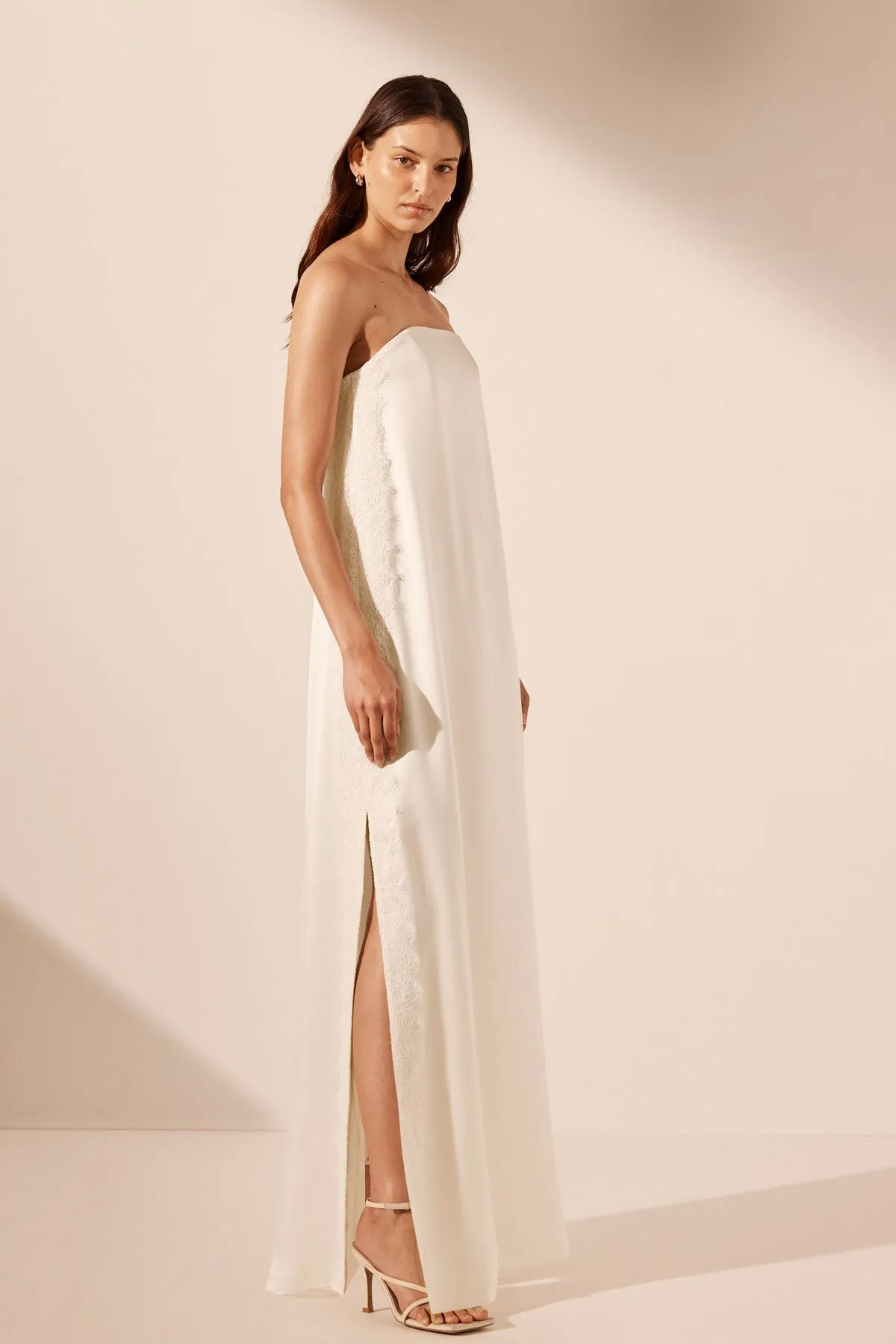 Cumulus Silk Strapless Ivory Maxi Dress with Lace Detail by La Lune