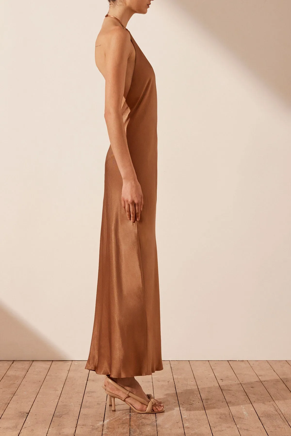 LA LUNE LOW BACK HALTER NECK MIDI DRESS - ALMOND