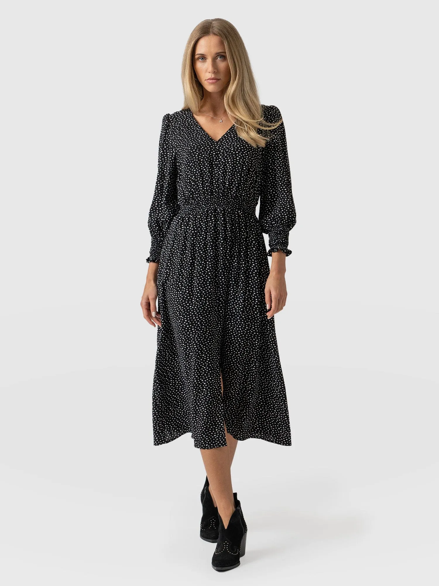 Marina Shirring Dress - Black Spot