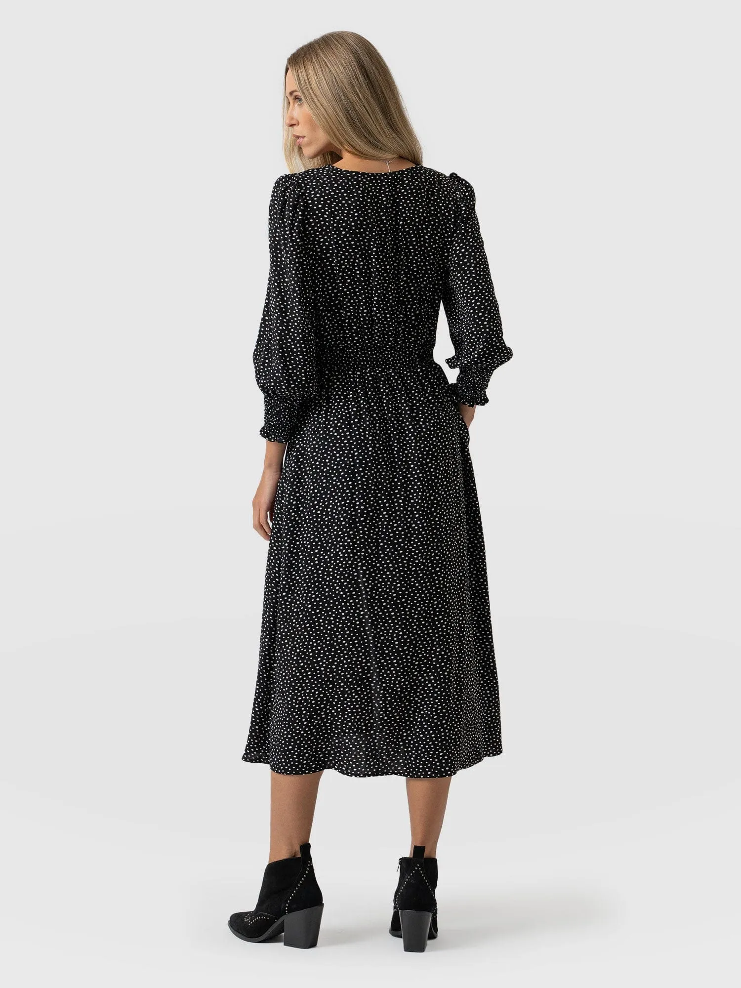 Marina Shirring Dress - Black Spot