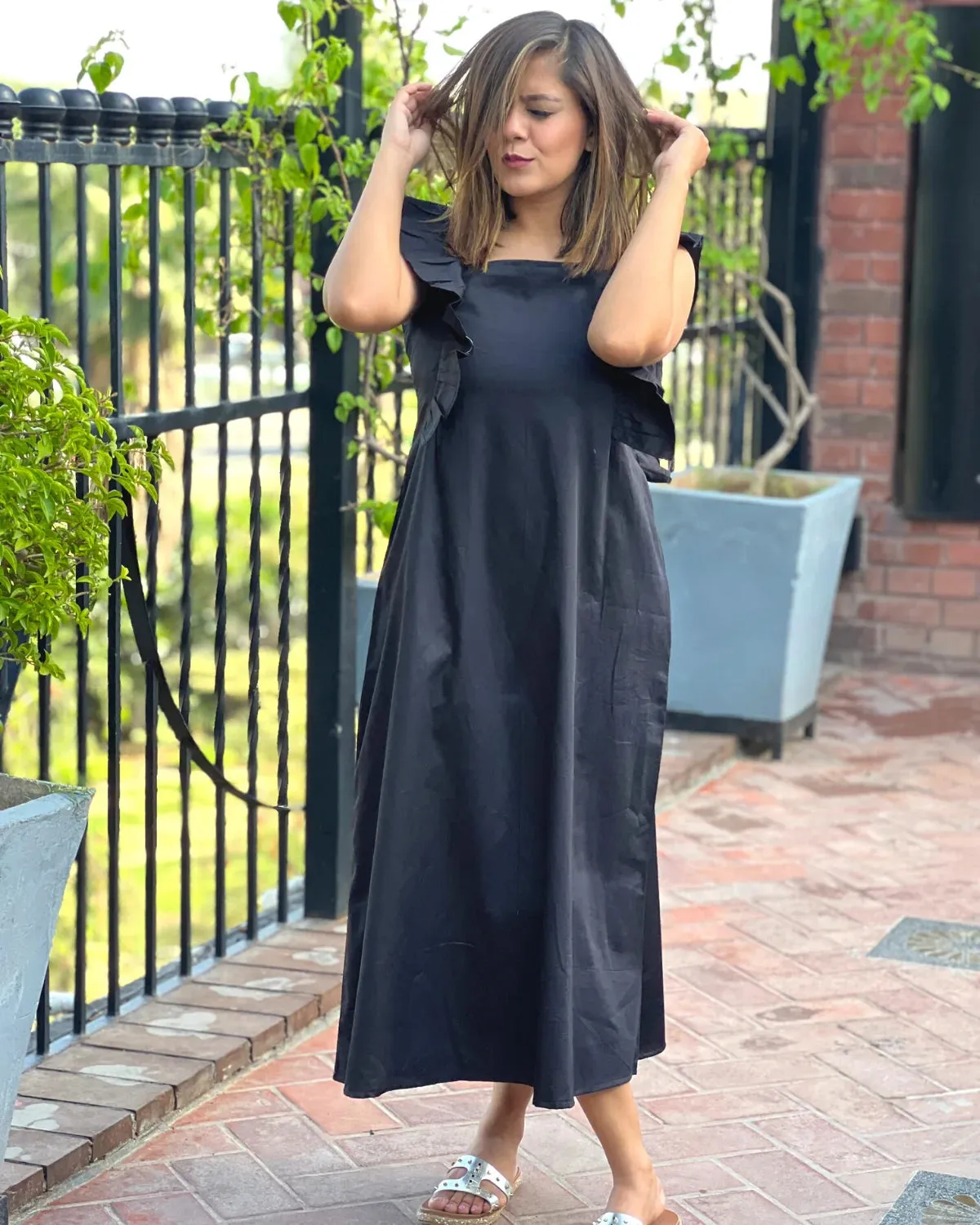 Midnight Black Cotton Frill Dress