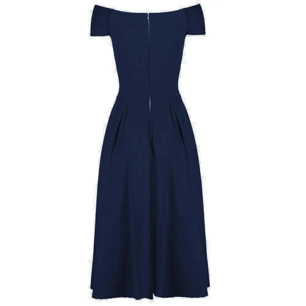 Navy Blue Crossover Vintage Bardot 50s Swing Dress