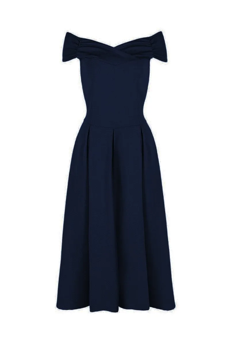 Navy Blue Crossover Vintage Bardot 50s Swing Dress