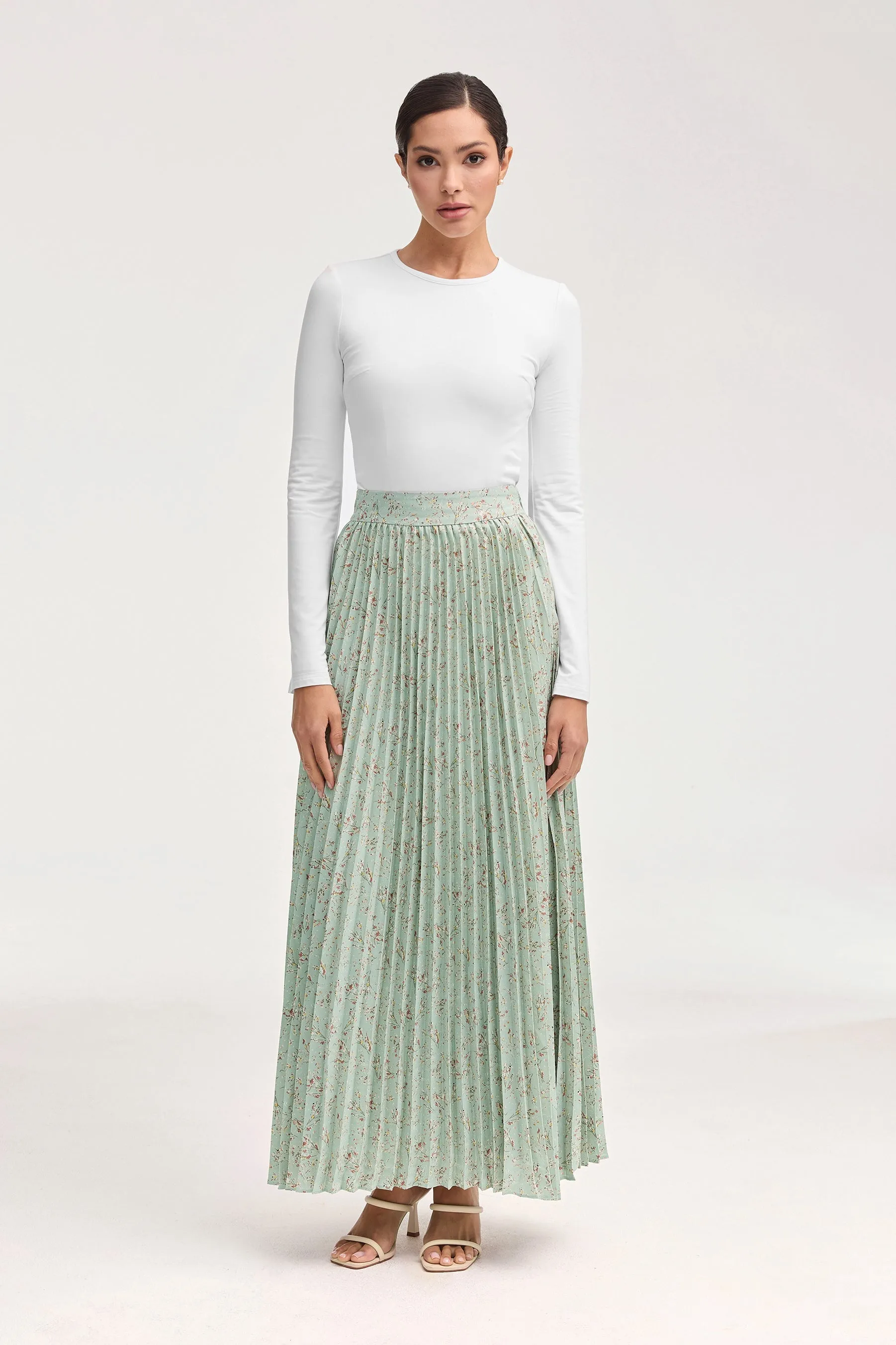 Pleated Floral Maxi Skirt - Sage