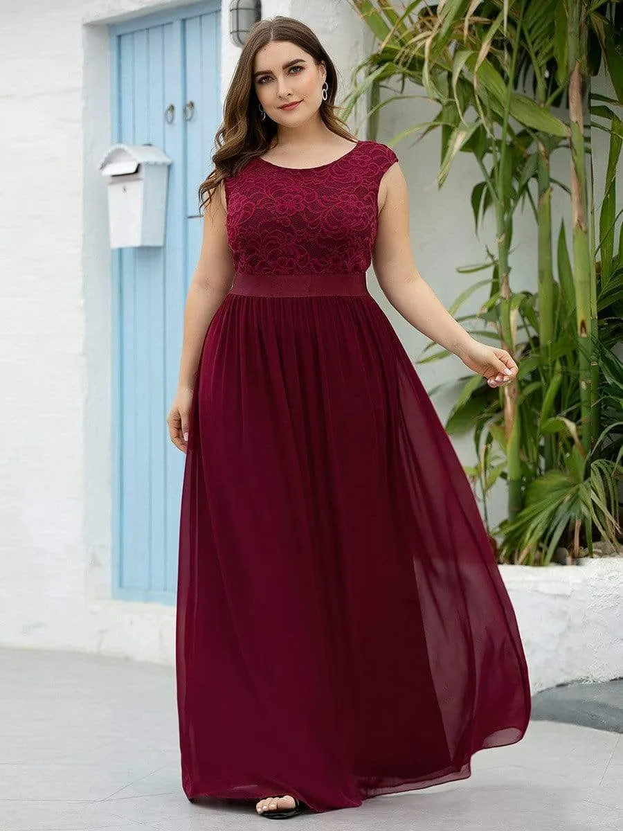 Plus Size Classic Round Neck V Back A-Line Chiffon Bridesmaid Dresses with Lace