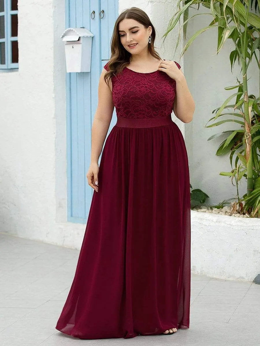 Plus Size Classic Round Neck V Back A-Line Chiffon Bridesmaid Dresses with Lace