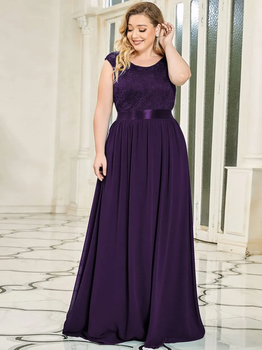 Plus Size Classic Round Neck V Back A-Line Chiffon Bridesmaid Dresses with Lace