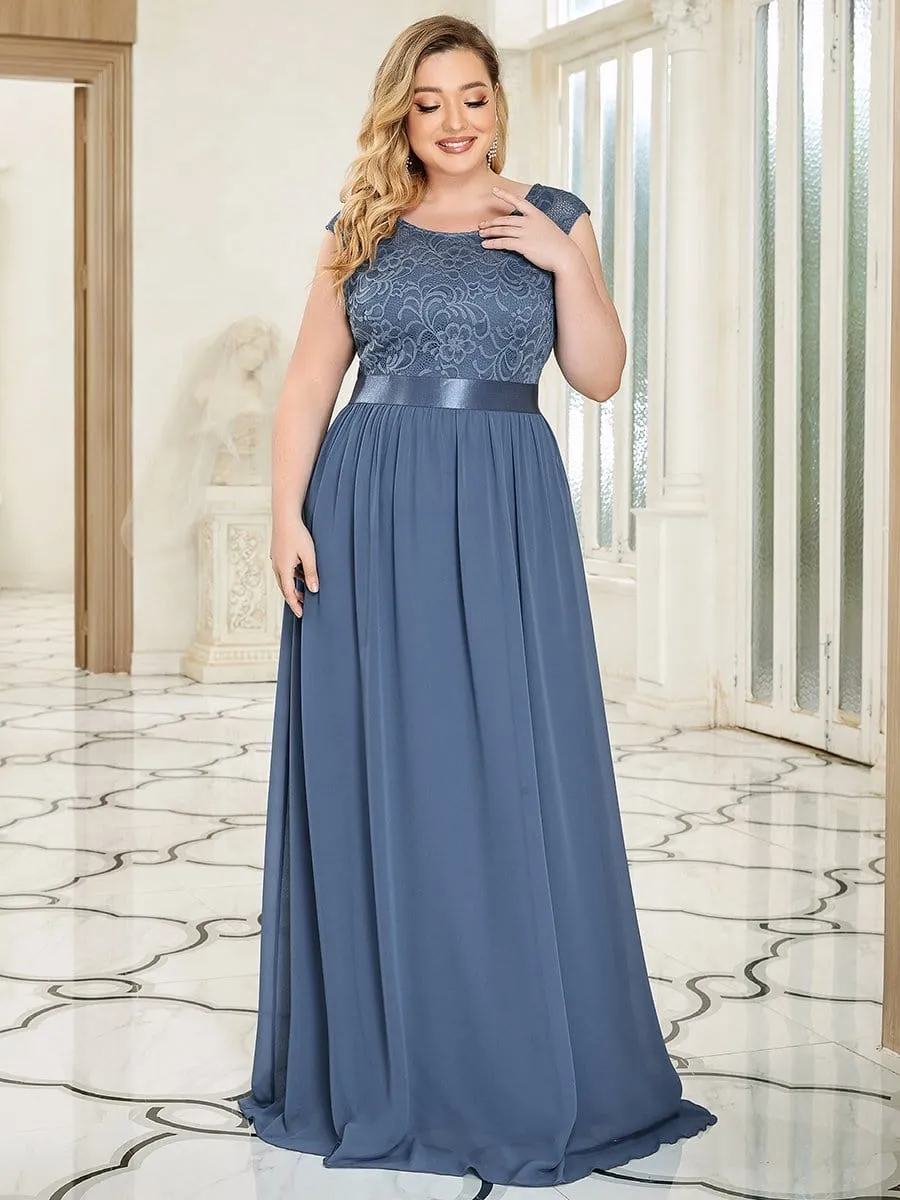 Plus Size Classic Round Neck V Back A-Line Chiffon Bridesmaid Dresses with Lace