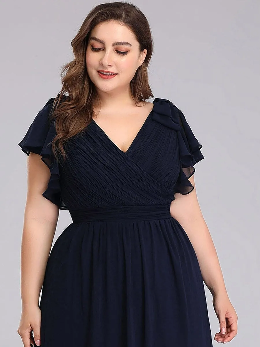 Plus Size Ruched Bodice Formal Evening Dresses with Ruffles Sleeves