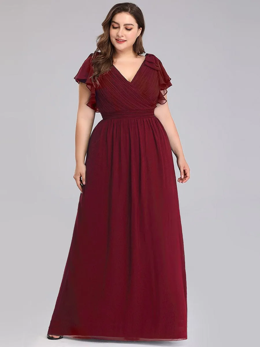 Plus Size Ruched Bodice Formal Evening Dresses with Ruffles Sleeves