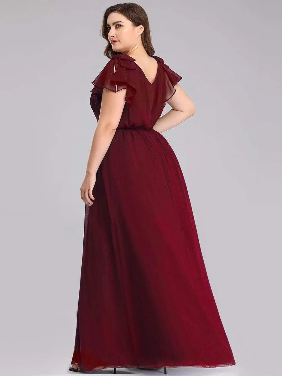 Plus Size Ruched Bodice Formal Evening Dresses with Ruffles Sleeves