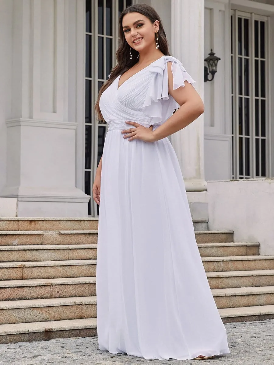 Plus Size Ruched Bodice Formal Evening Dresses with Ruffles Sleeves