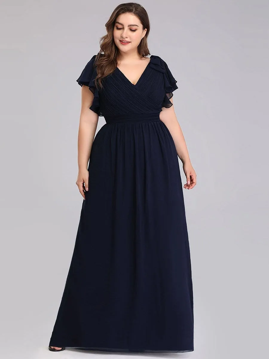 Plus Size Ruched Bodice Formal Evening Dresses with Ruffles Sleeves