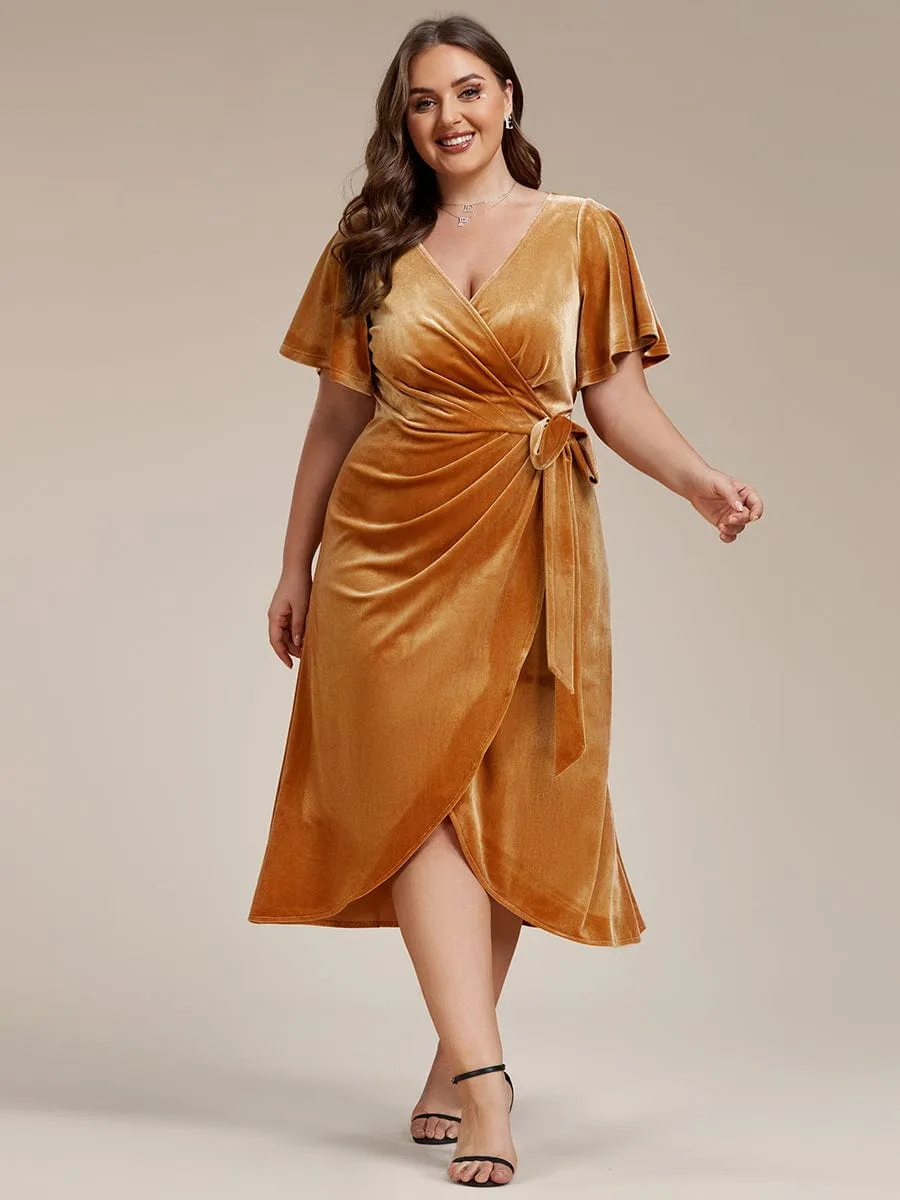 Plus Size V-Neck Ruffles Sleeve Velvet One-Piece Type Wedding Guest Dress