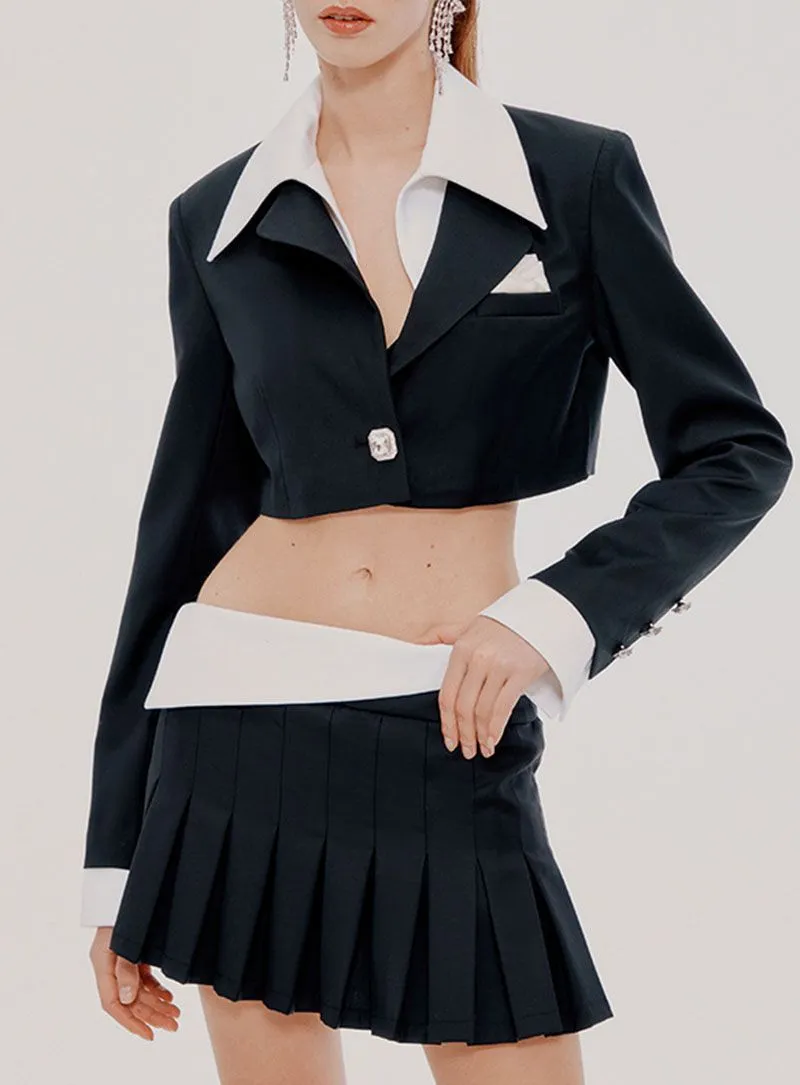 Preppy Contrast Collared Single Breasted Cropped Blazer And Pleated Mini Skirt