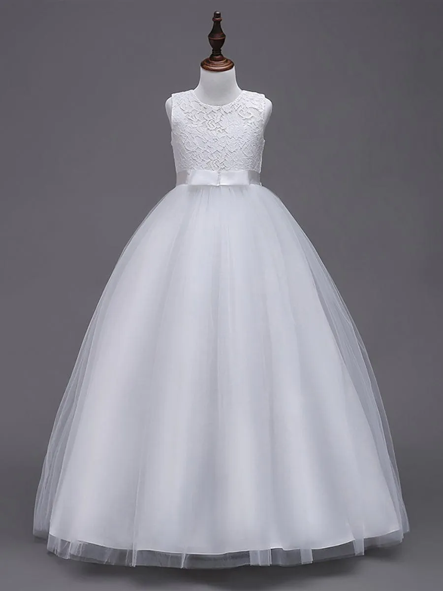 Princess Bow Sleeveless Lace Tulle Flower Girl Dress