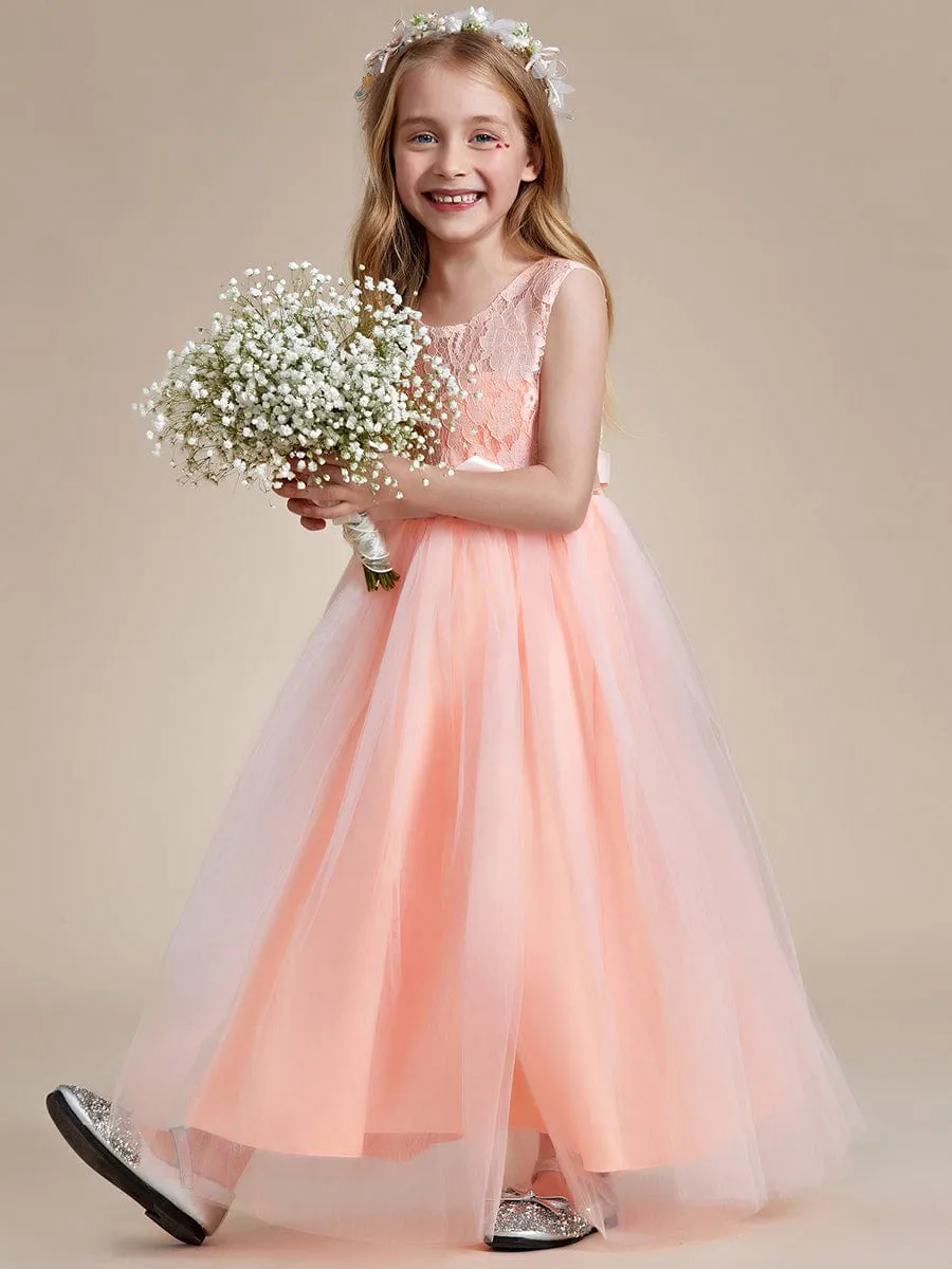 Princess Bow Sleeveless Lace Tulle Flower Girl Dress