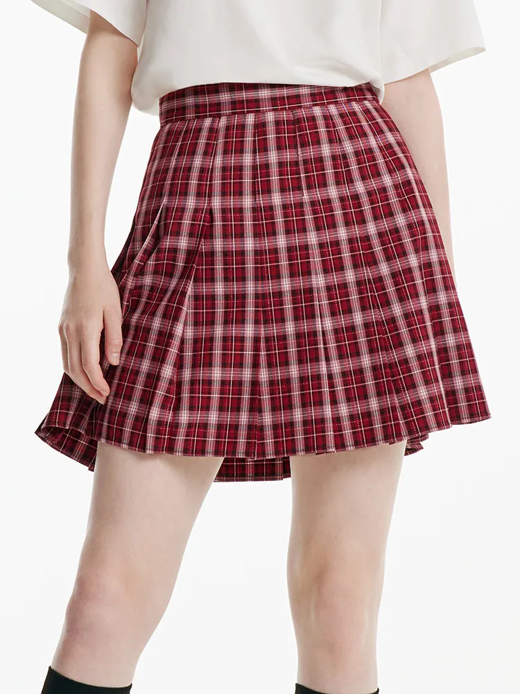 Red Plaid Pleated Skirt