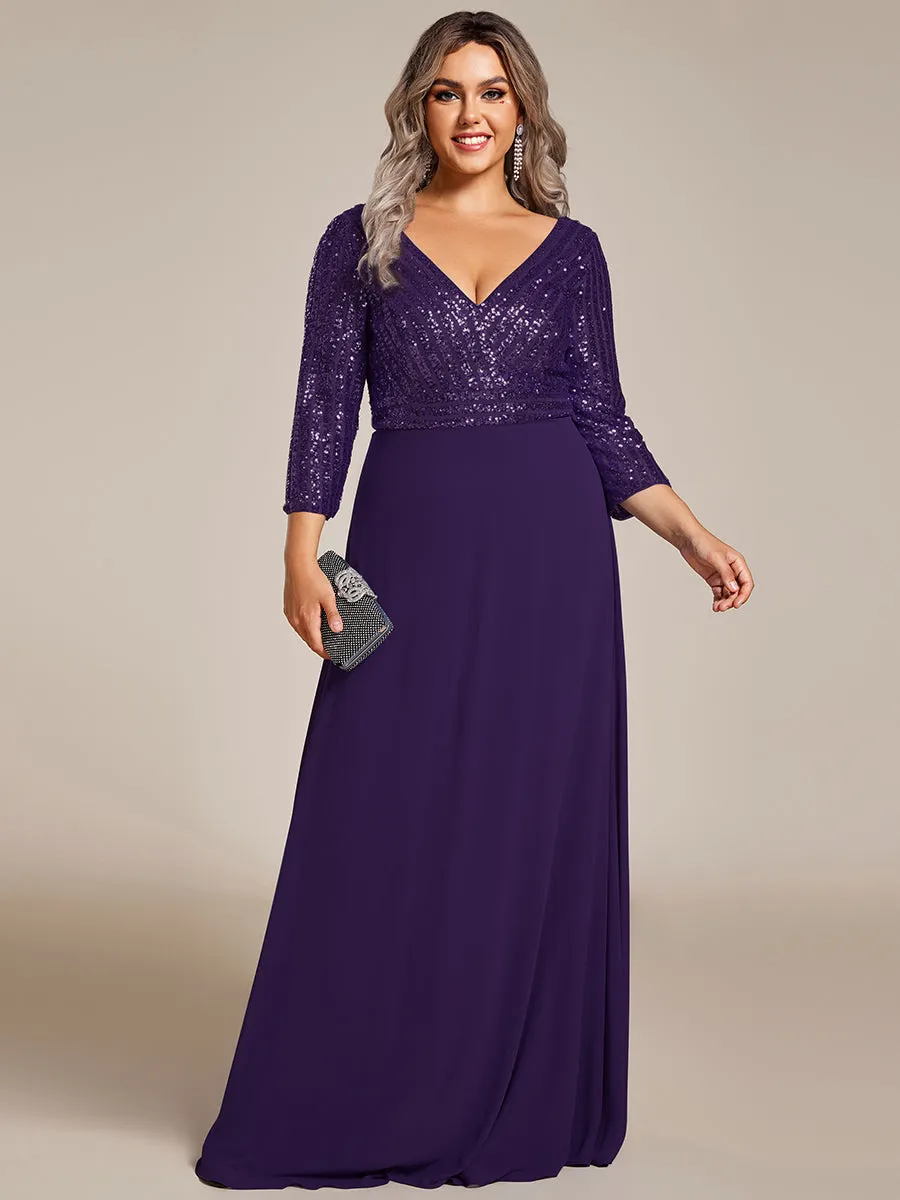 Sexy V Neck A-Line Plus Size Sequin Wholesale Evening Dress with Sleeve