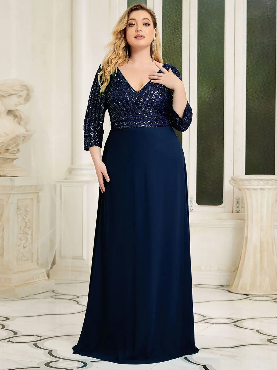 Sexy V Neck A-Line Plus Size Sequin Wholesale Evening Dress with Sleeve