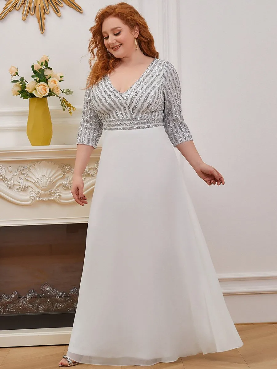 Sexy V Neck A-Line Plus Size Sequin Wholesale Evening Dress with Sleeve