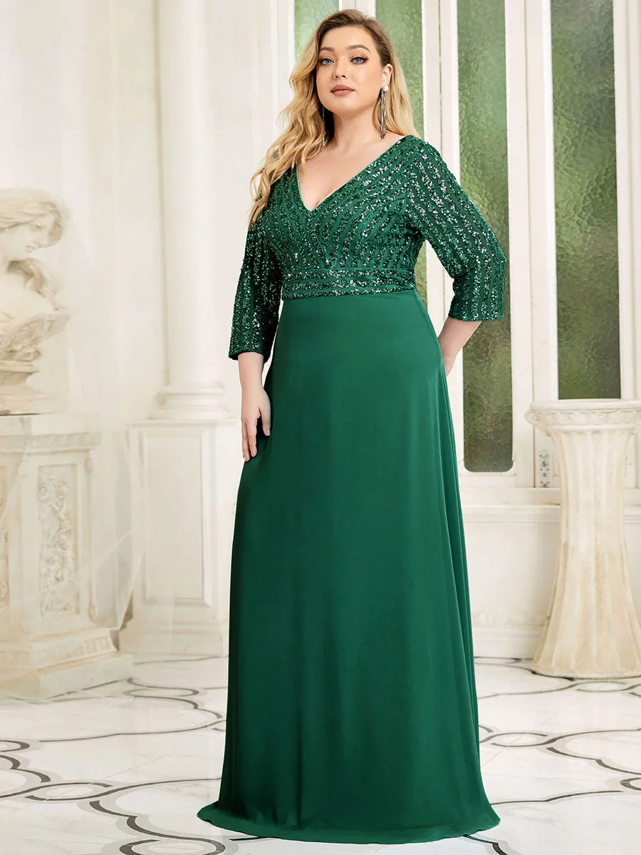 Sexy V Neck A-Line Plus Size Sequin Wholesale Evening Dress with Sleeve