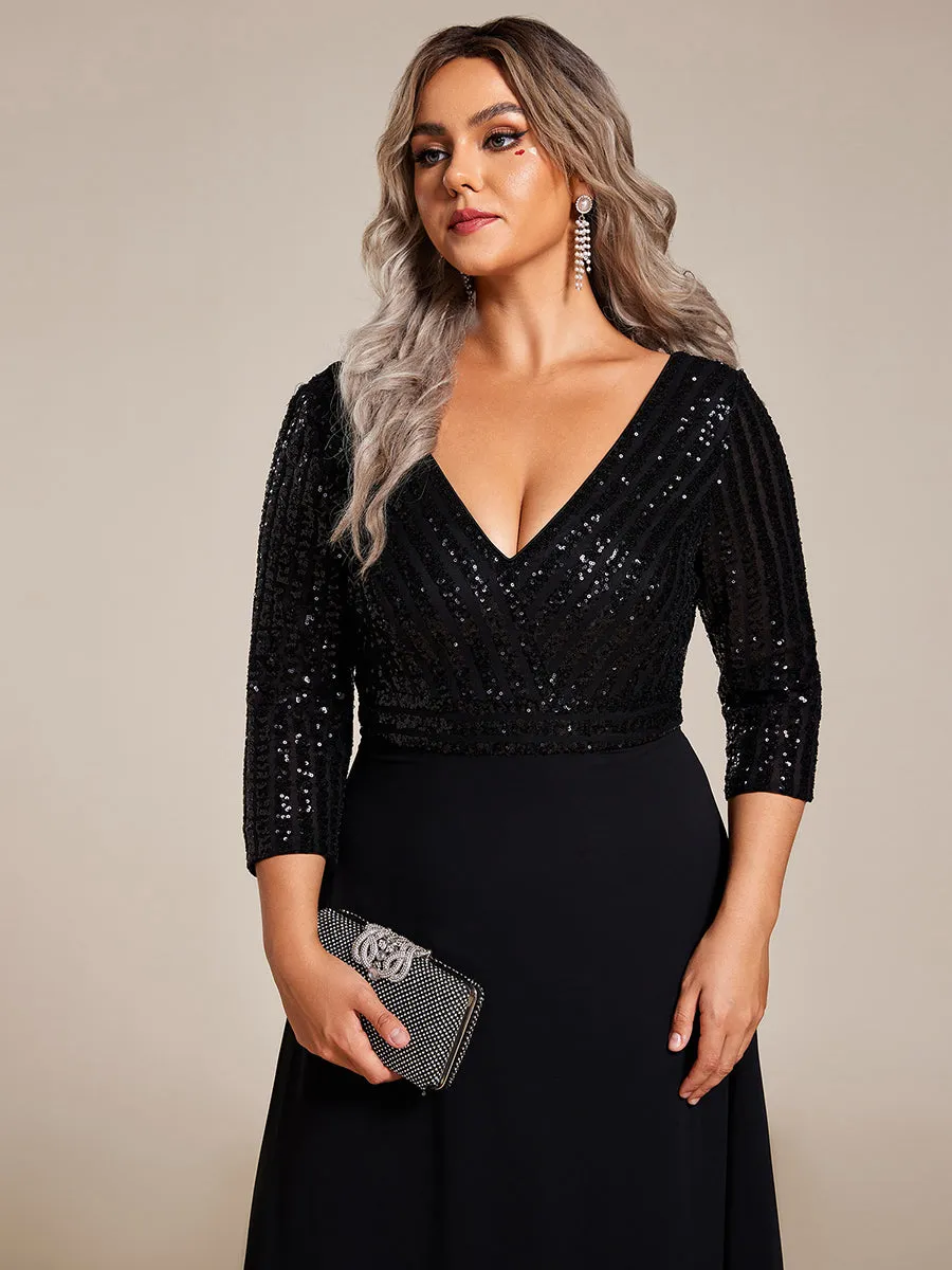 Sexy V Neck A-Line Plus Size Sequin Wholesale Evening Dress with Sleeve