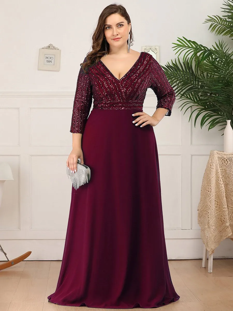 Sexy V Neck A-Line Plus Size Sequin Wholesale Evening Dress with Sleeve