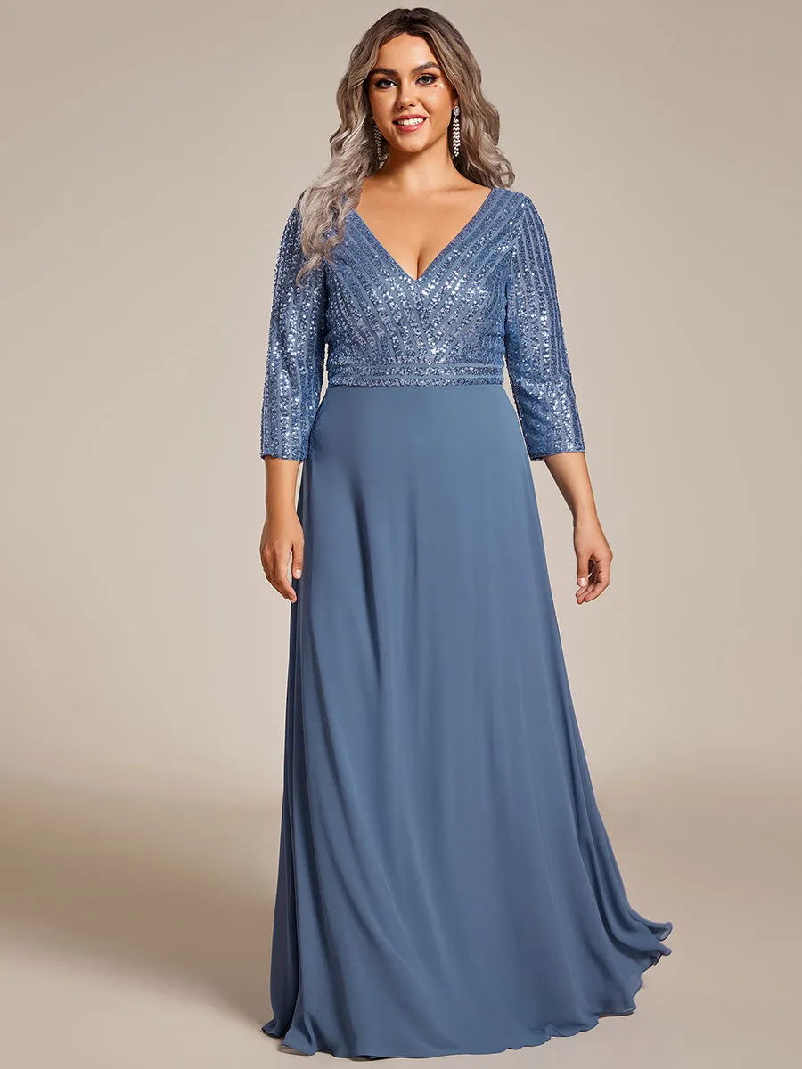 Sexy V Neck A-Line Plus Size Sequin Wholesale Evening Dress with Sleeve