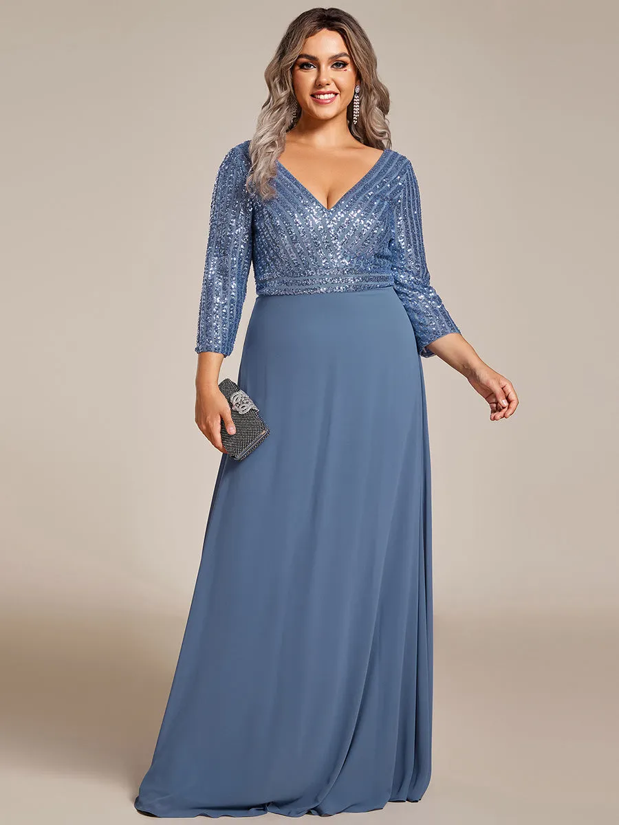 Sexy V Neck A-Line Plus Size Sequin Wholesale Evening Dress with Sleeve