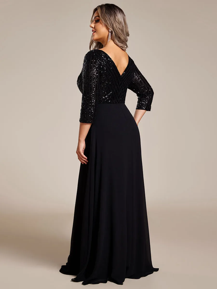 Sexy V Neck A-Line Plus Size Sequin Wholesale Evening Dress with Sleeve