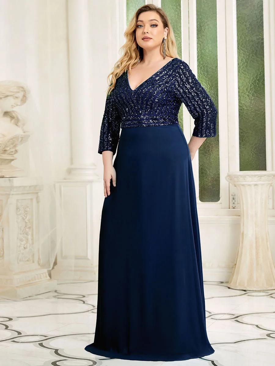 Sexy V Neck A-Line Plus Size Sequin Wholesale Evening Dress with Sleeve