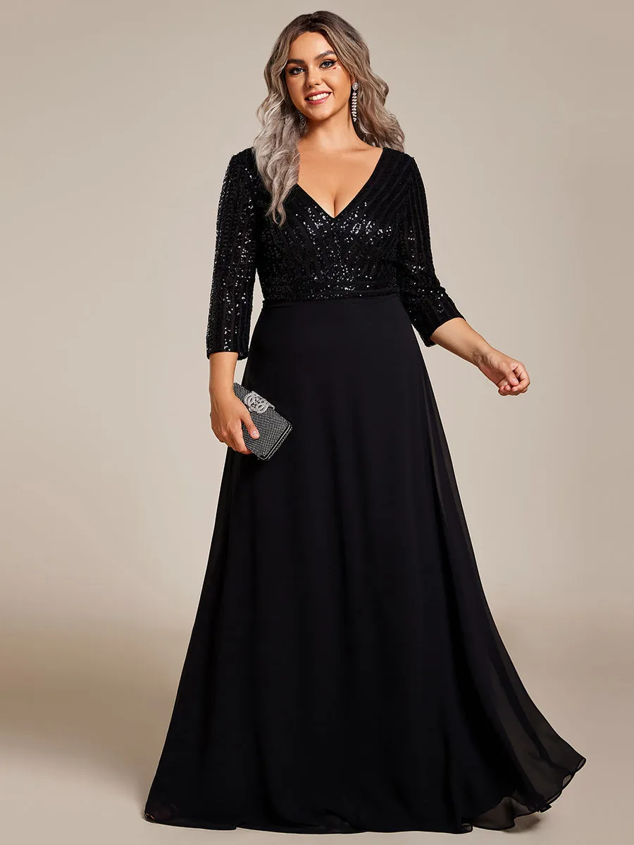 Sexy V Neck A-Line Plus Size Sequin Wholesale Evening Dress with Sleeve