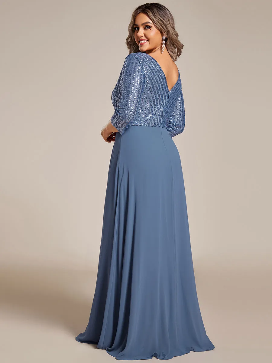 Sexy V Neck A-Line Plus Size Sequin Wholesale Evening Dress with Sleeve