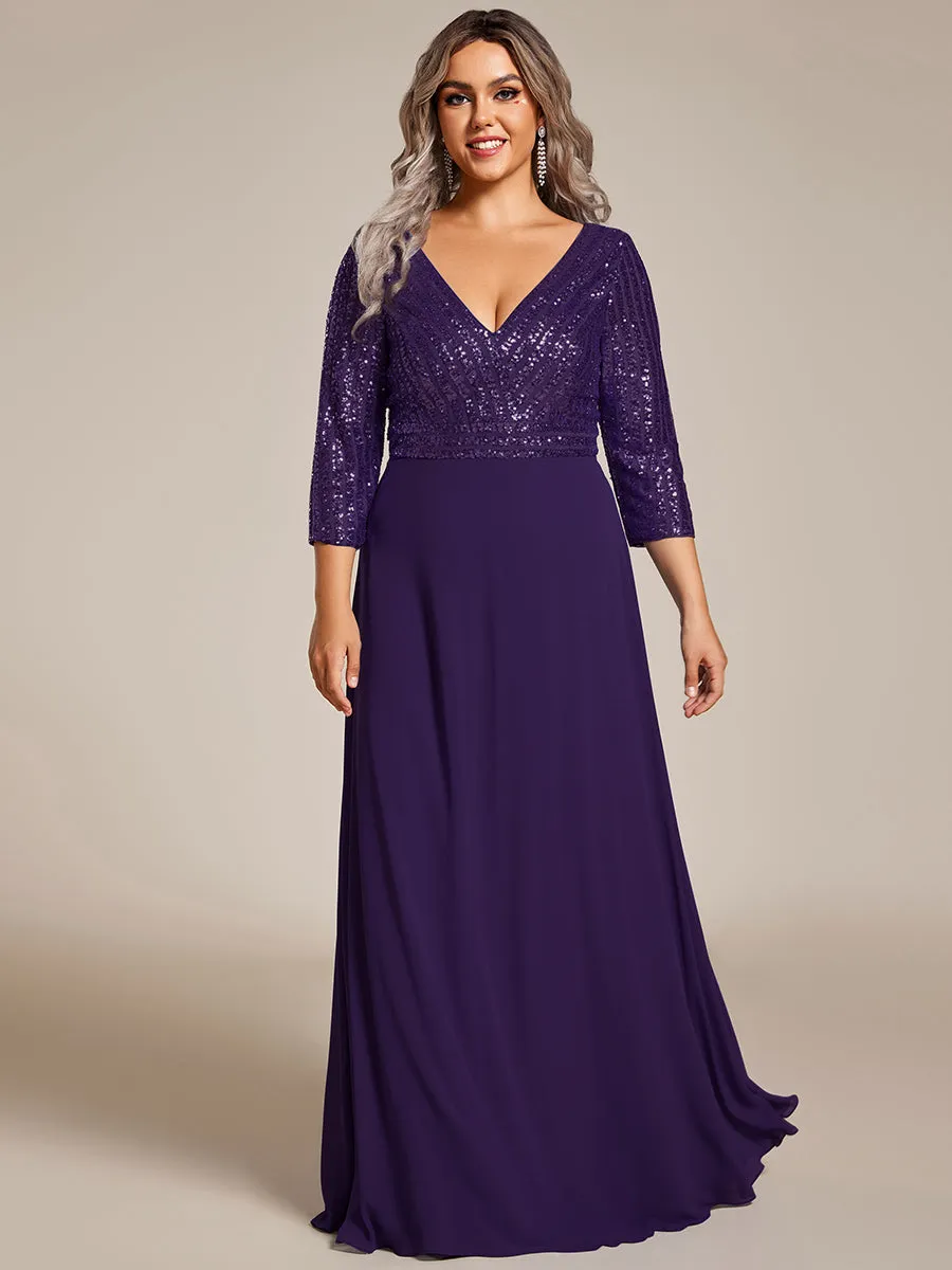 Sexy V Neck A-Line Plus Size Sequin Wholesale Evening Dress with Sleeve