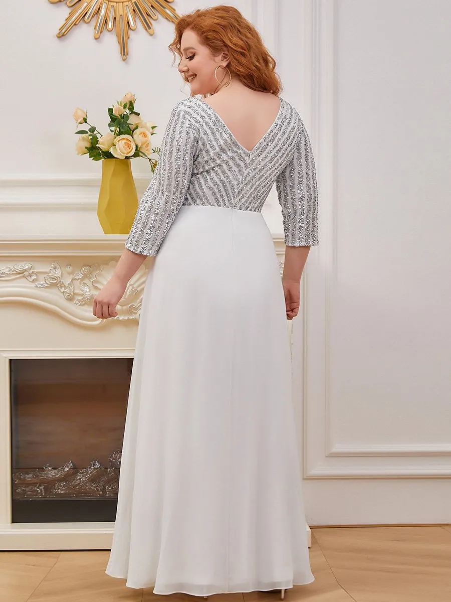 Sexy V Neck A-Line Plus Size Sequin Wholesale Evening Dress with Sleeve