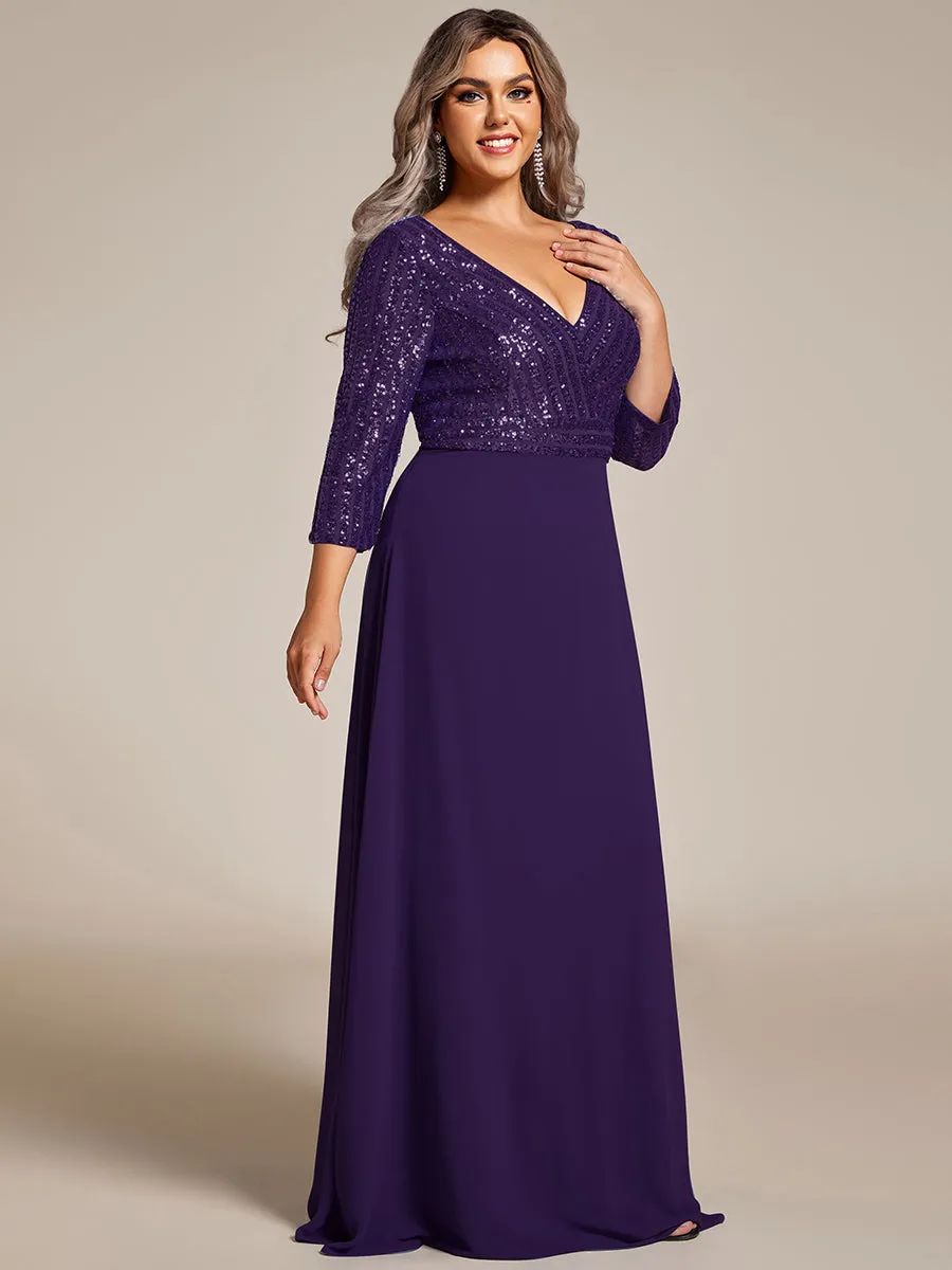 Sexy V Neck A-Line Plus Size Sequin Wholesale Evening Dress with Sleeve