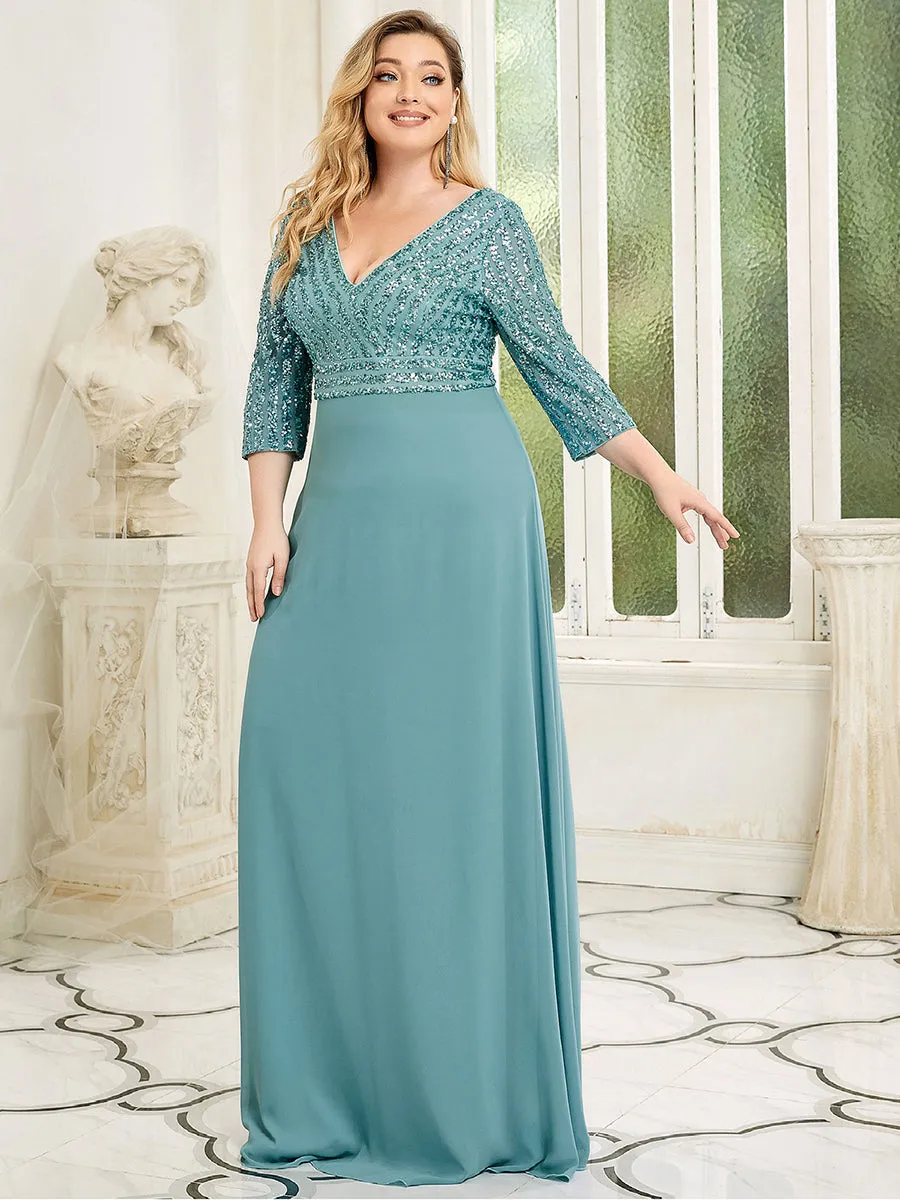 Sexy V Neck A-Line Plus Size Sequin Wholesale Evening Dress with Sleeve