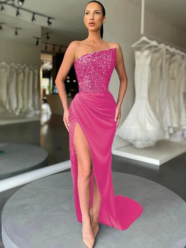 Sheath Strapless Sleeveless Long Sweep Train Velvet Sequin Prom Dress (AF1013)