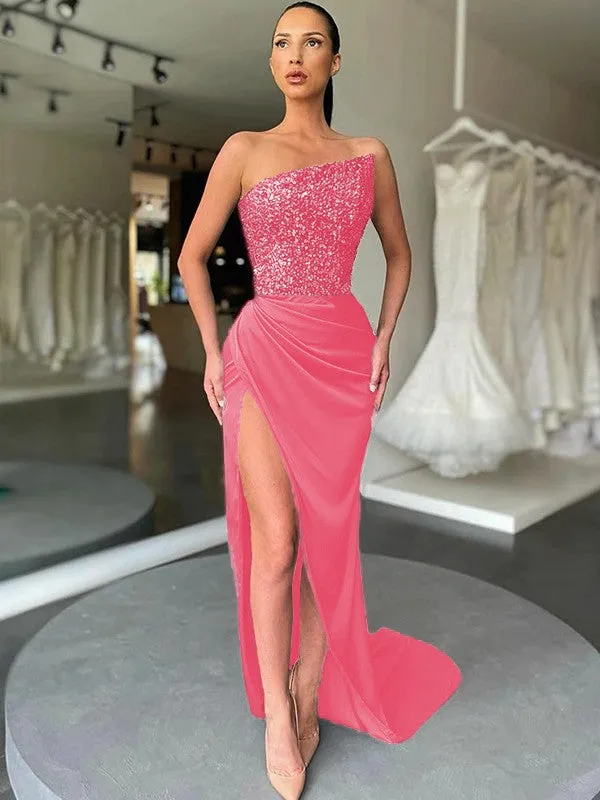 Sheath Strapless Sleeveless Long Sweep Train Velvet Sequin Prom Dress (AF1013)