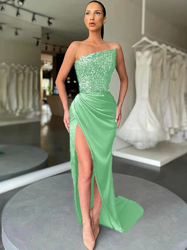 Sheath Strapless Sleeveless Long Sweep Train Velvet Sequin Prom Dress (AF1013)