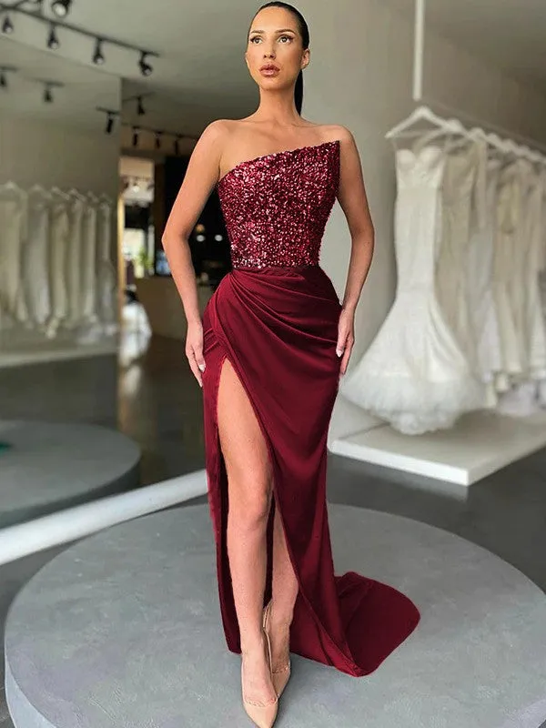 Sheath Strapless Sleeveless Long Sweep Train Velvet Sequin Prom Dress (AF1013)