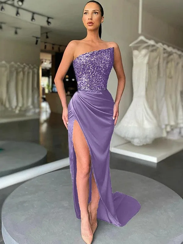 Sheath Strapless Sleeveless Long Sweep Train Velvet Sequin Prom Dress (AF1013)