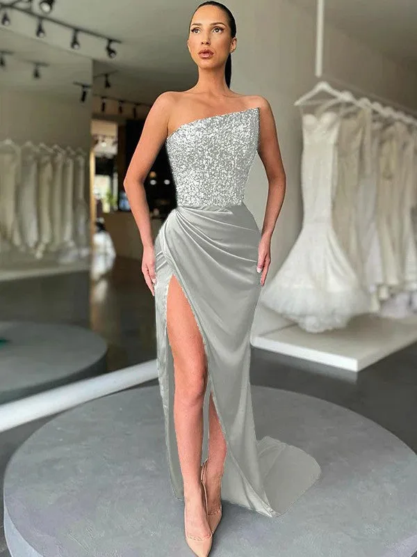 Sheath Strapless Sleeveless Long Sweep Train Velvet Sequin Prom Dress (AF1013)