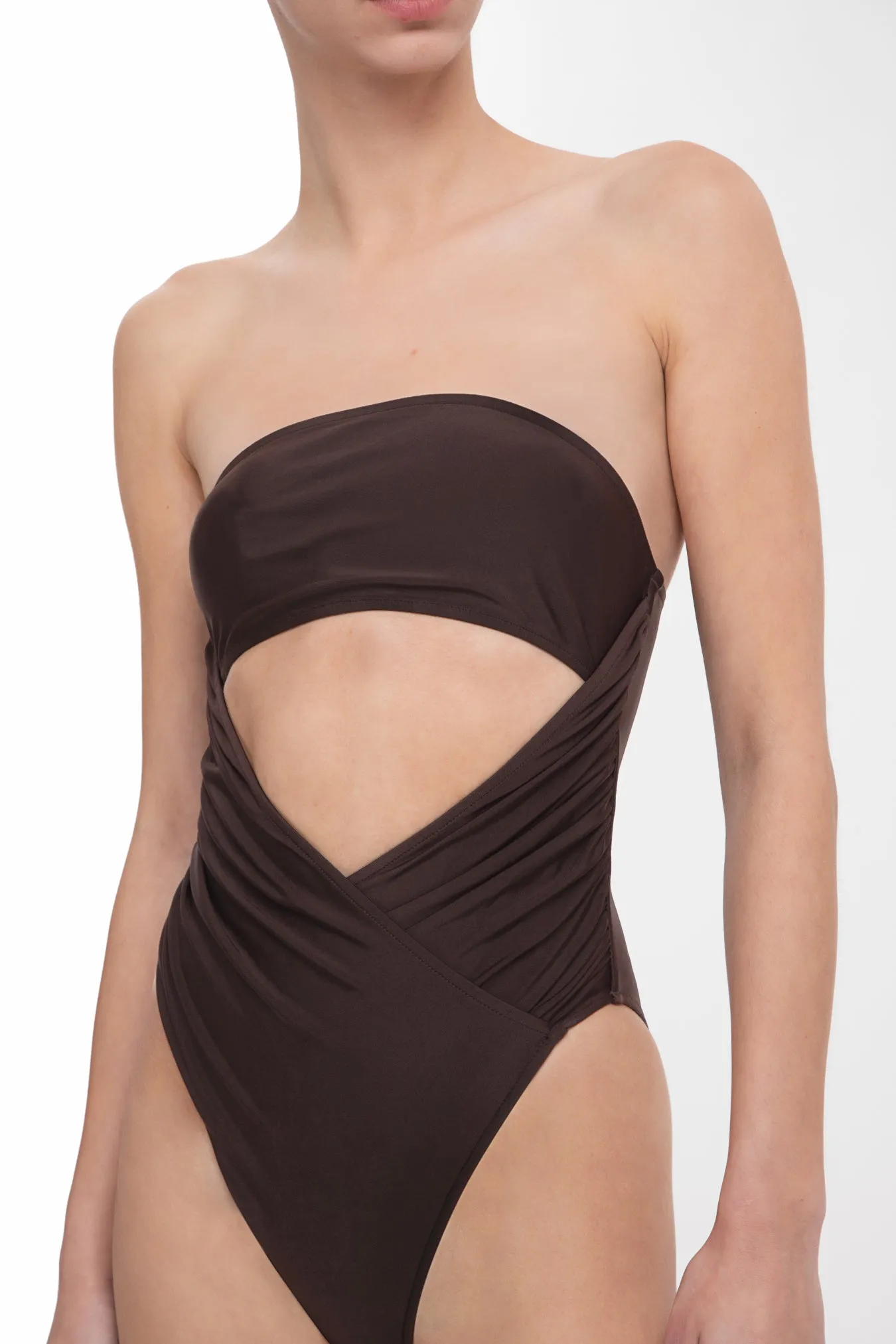 Solid Dark Brown High-Leg Strapless Swimsuit