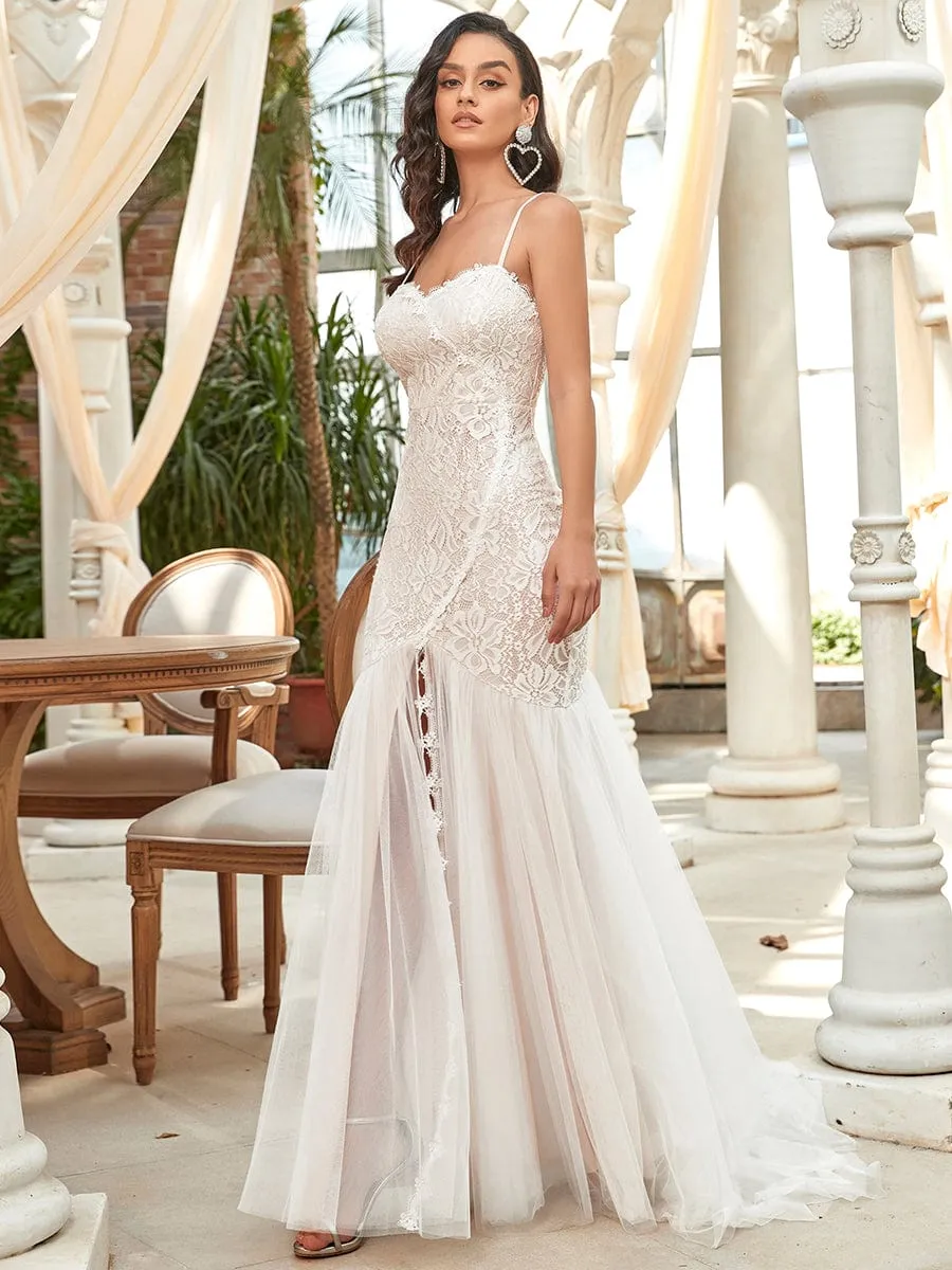 Spaghetti Strap Lace Backless Long Fishtail Wedding Dress